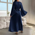 Elegant Round Neck Solid Color Flared Maxi Dress Long Sleeve With Pearl Cuff Detail, Modest A-Line Middle Eastern Abaya Party & Vacation Dress For Women Lady T Fashions