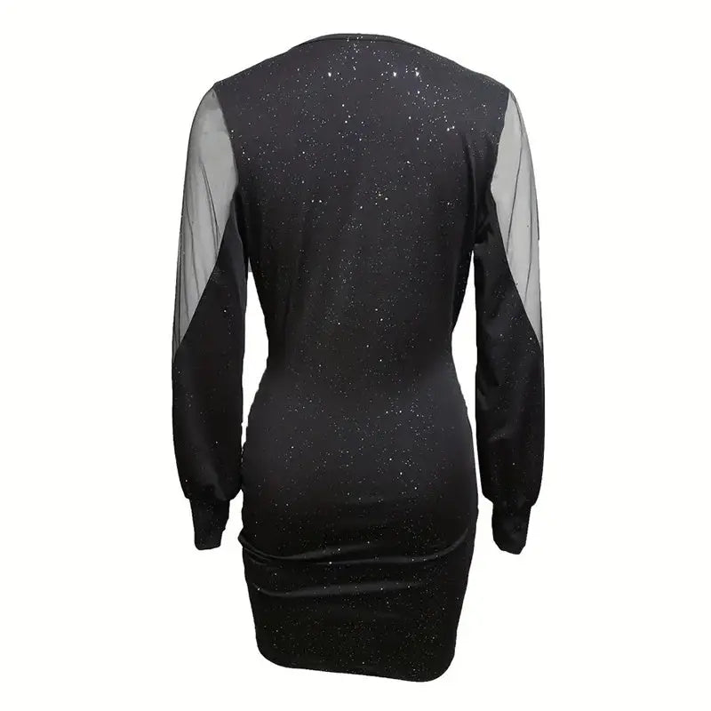 Women's Sexy Deep V-Neck Ruched Bodycon Mesh Long Sleeve Sparkling Party Cocktail Dresses Lady T Fashions