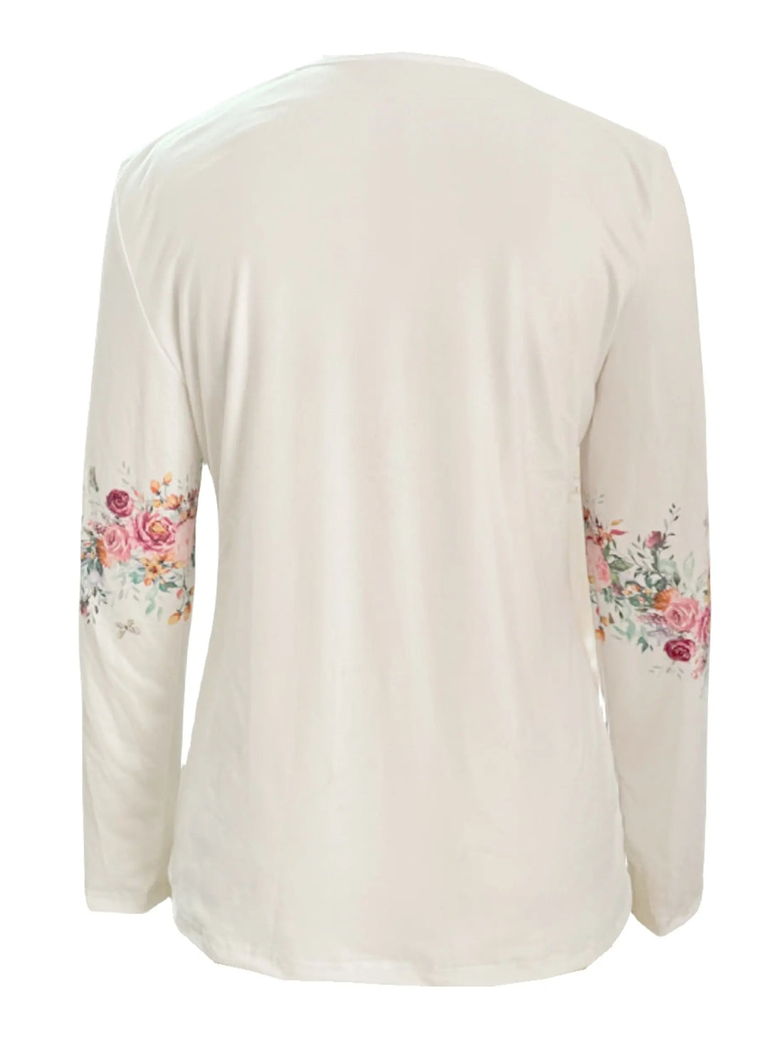 Spring And Autumn New Style White Buttoned Rose Print Long Sleeve T-shirt Casual Top Lady T Fashions