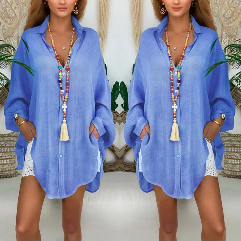 Plus Size Women's Solid Color Notch Lapel Long Sleeve Dress With Button Front Sheer Lightweight Midi Dress For Summer Lady T Fashions