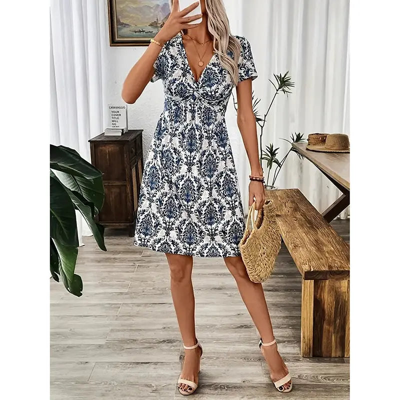 Women's Vibrant Leopard Print Twist Front V Neck Casual Summer Short Sleeve Bodycon Mini Dresses Lady T Fashions