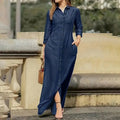 Womens Casual Button Down Denim Maxi Dress Long Sleeve Long Jean Dresses With Pockets Lady T Fashions