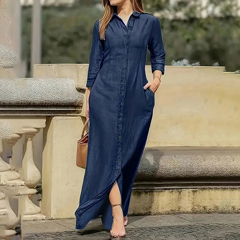 Womens Casual Button Down Denim Maxi Dress Long Sleeve Long Jean Dresses With Pockets Lady T Fashions