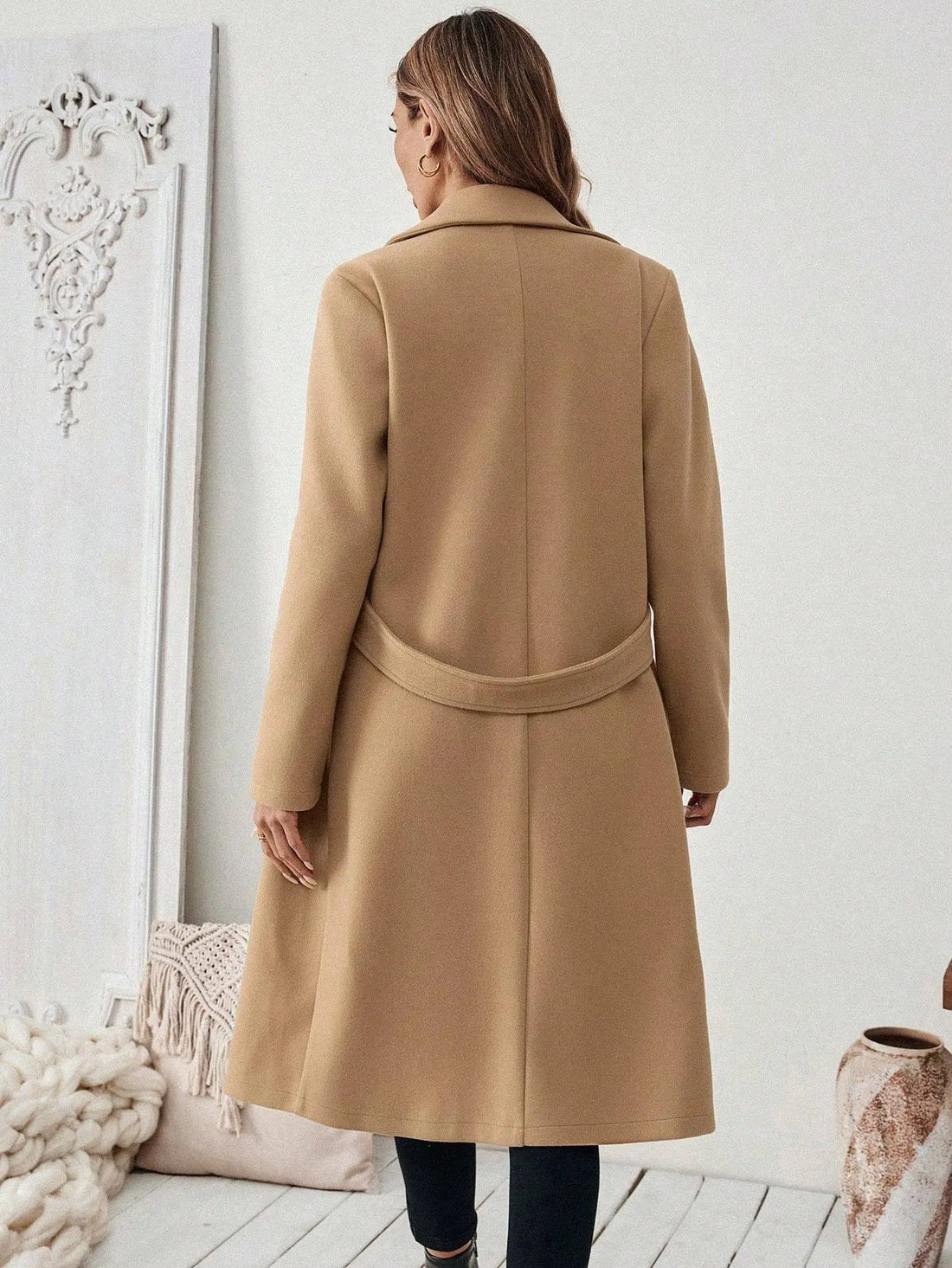 Flat Collar Solid Color Pocket With Belt Long Sleeve Autumn Winter Coat Jacket Lady T Fashions
