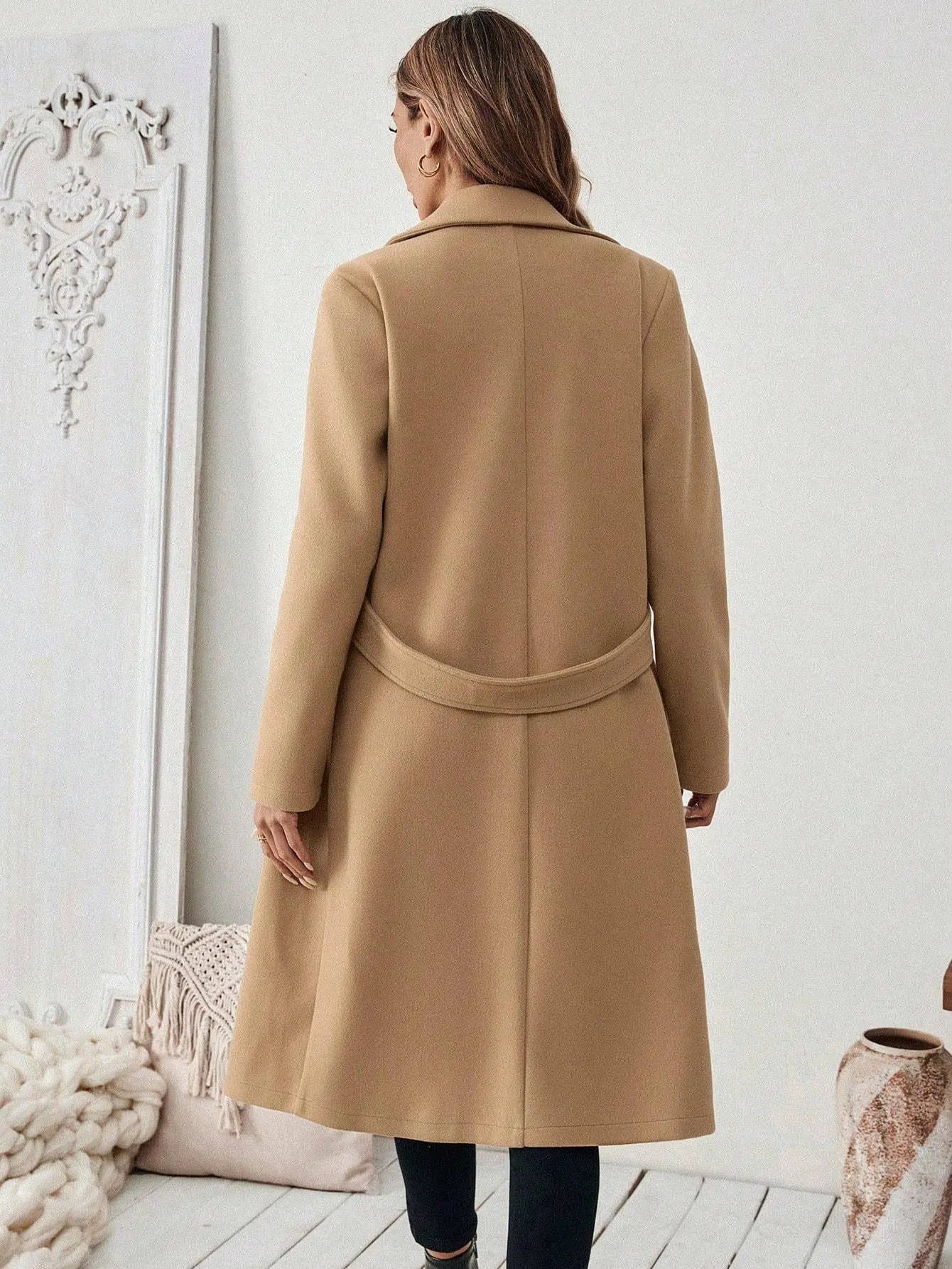 Flat Collar Solid Color Pocket With Belt Long Sleeve Autumn Winter Coat Jacket Lady T Fashions