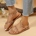 Women's Faux Pearl Flat Sandals, Stylish Rhinestone Toe Loop Slip On Shoes, Outdoor Beach Non Slip Sandals Lady T Fashions