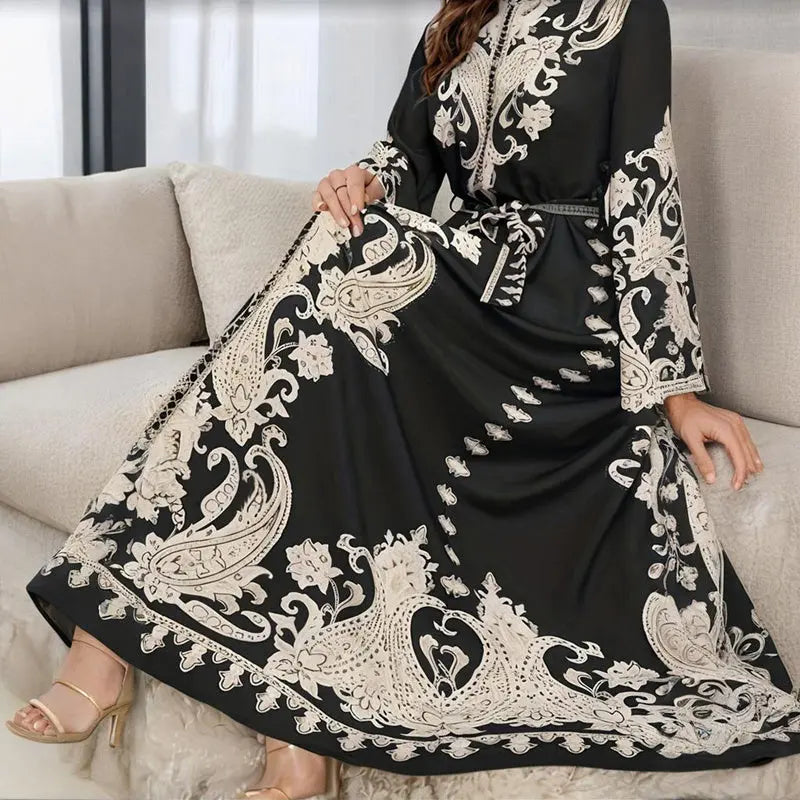Women's Vintage High-Neck Floral Maxi Dress Loose Long Sleeve, Adjustable Waist Belt, Middle Eastern Inspired Holiday Dress Ankle-Length Gown Lady T Fashions