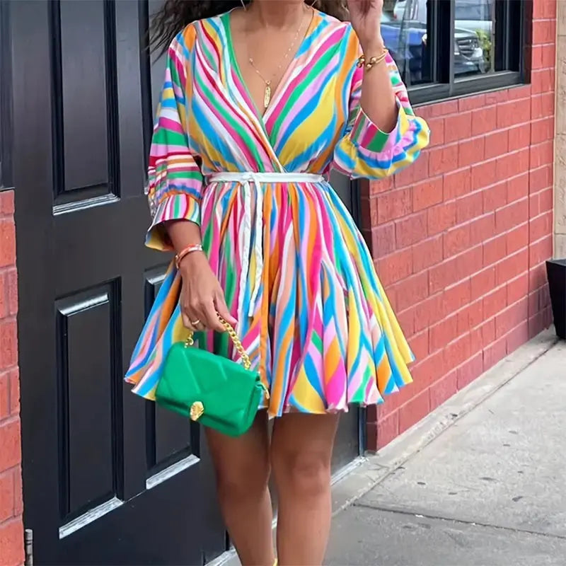 Women's V-Neck Rainbow Stripe Short Dress Three Quarters Sleeve Casual Summer Sundress With Tie Waist Lady T Fashions