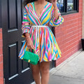 Women's V-Neck Rainbow Stripe Short Dress Three Quarters Sleeve Casual Summer Sundress With Tie Waist Lady T Fashions