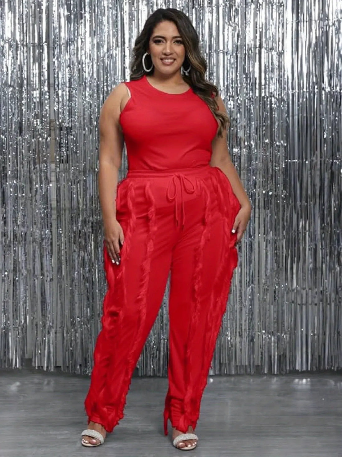 Plus Size - Women Plus Size 2pcs Outfits Fringe Tassel Long Pants Set Sleeveless Tank Tops Clubwear Lady T Fashions