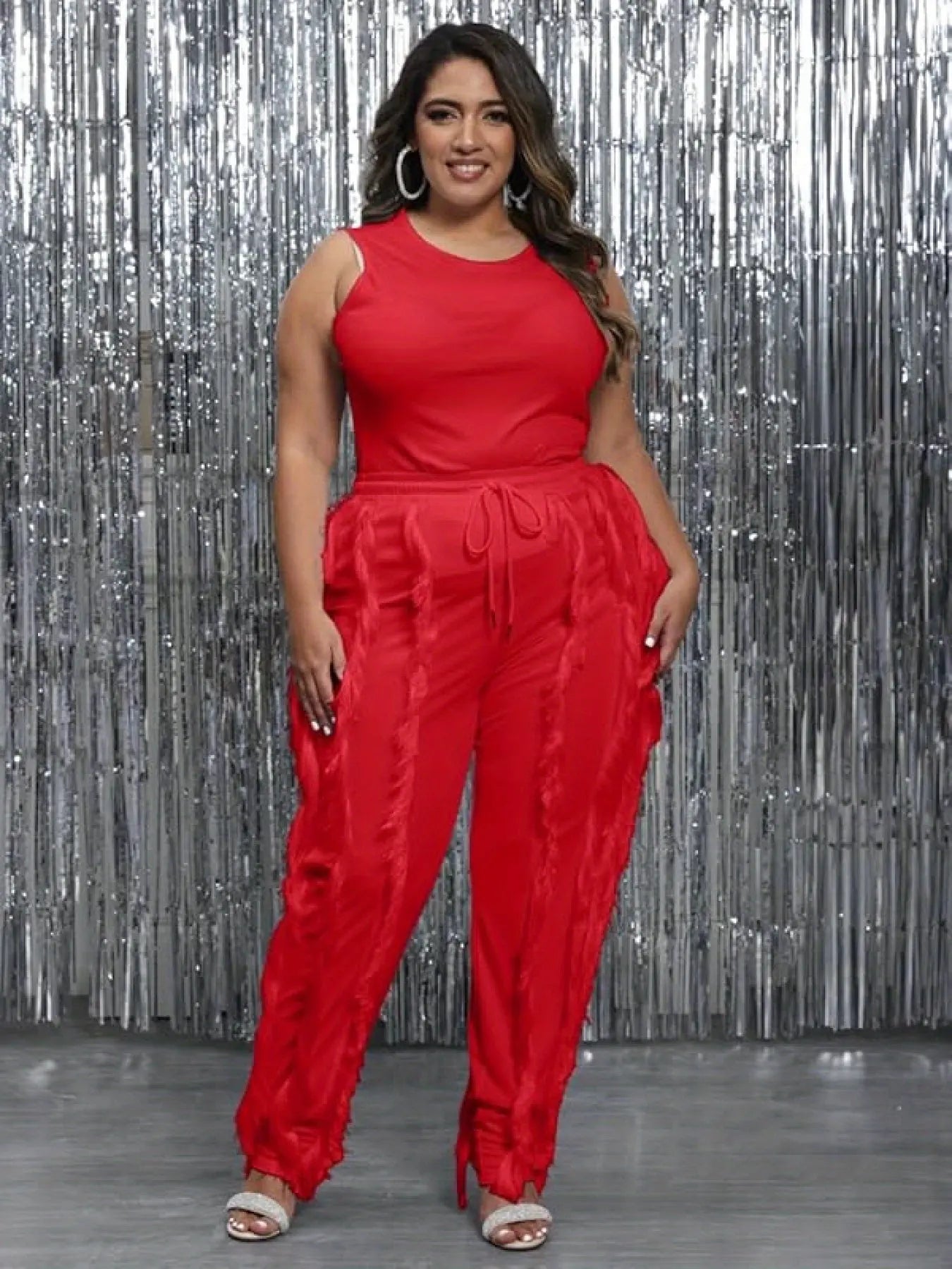 Plus Size - Women Plus Size 2pcs Outfits Fringe Tassel Long Pants Set Sleeveless Tank Tops Clubwear Lady T Fashions
