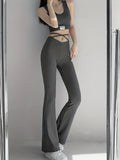 Long Length Solid Criss Cross Flare Leggings - High Waist Fitted, Elastic Waist, Mid Elasticity, Cross Strap, Sheer, Machine Washable - Perfect for Weekend Casual, Fall Season, Young Women Lady T Fashions