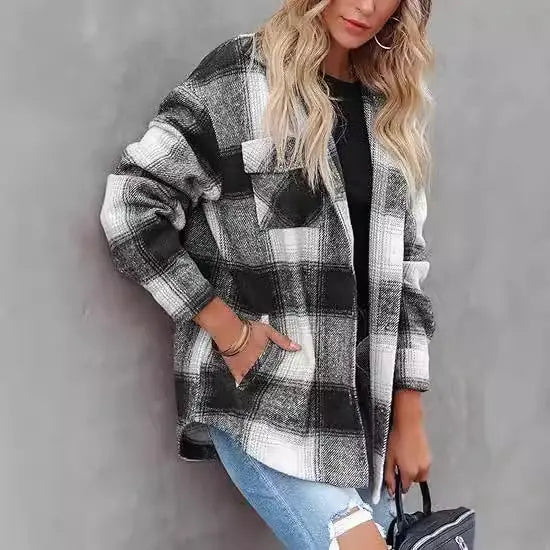 Women's Plaid Buckle Jacket Casual Fashion Long Sleeve Coat Lady T Fashions