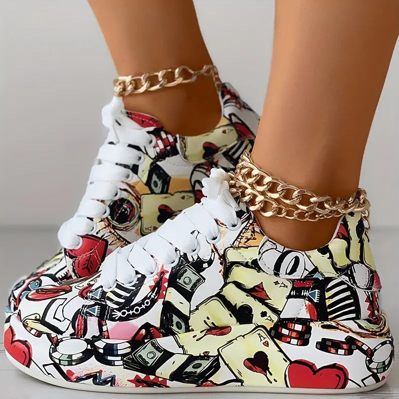 Womens Graffiti Art Sneakers - Stylish Lace-Up Platform Shoes with Comfortable Low Top Design - Perfect for Sports & Casual Wear - Fashionable Skate Style Lady T Fashions
