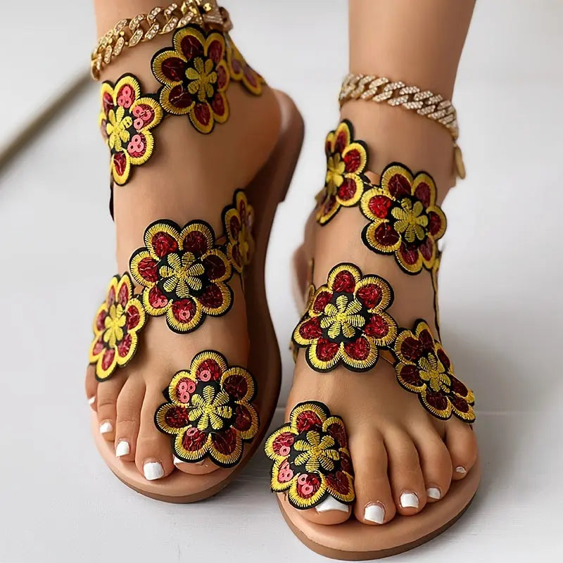[Flowers Flat Women's Sandals] Women's Flowers Flat Sandals, Fashion Toe Loop Faux Pearl Slip On Shoes, Casual Beach Travel Sandals Lady T Fashions