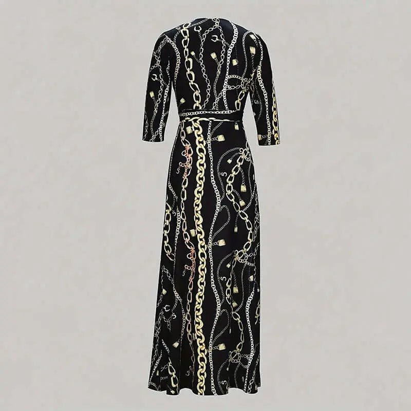 Women's Summer Geometric Print Maxi Dresses Casual 3 4 Sleeve V-Neck Tie Waist Long Dress Lady T Fashions
