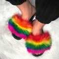 Women's Rainbow Fur Slippers, Comfortable Open Toe Slip On House Shoes, Women's Fashion Slippers Lady T Fashions