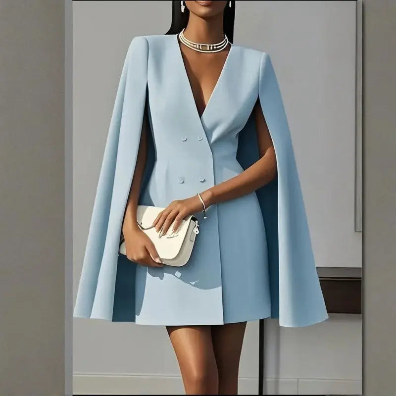 Women's Elegant Solid Color V Neck Double-Breasted Cape Blazer Dress Spring & Summer Party Banquet Outfit Lady T Fashions