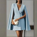 Women's Elegant Solid Color V Neck Double-Breasted Cape Blazer Dress Spring & Summer Party Banquet Outfit Lady T Fashions