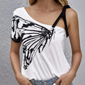 Ladies' Printed Fashion Oblique Shoulder Butterfly Printed Irregular Off Shoulder T-shirt Lady T Fashions