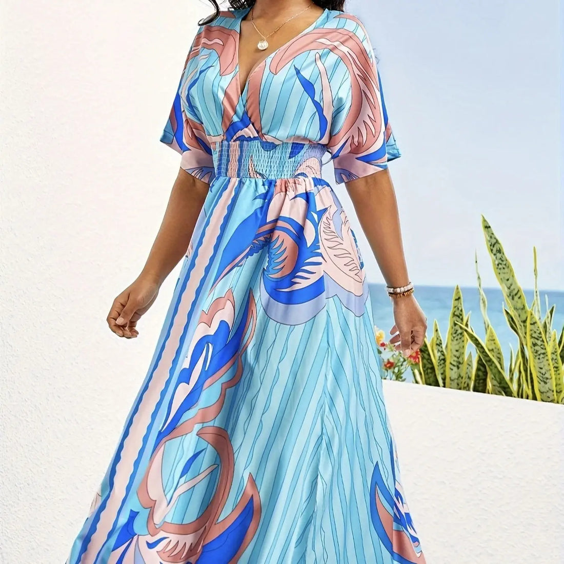 Ladies' Painted Drawing V-neck Waist Cinched Pleated Printed Dress Lady T Fashions