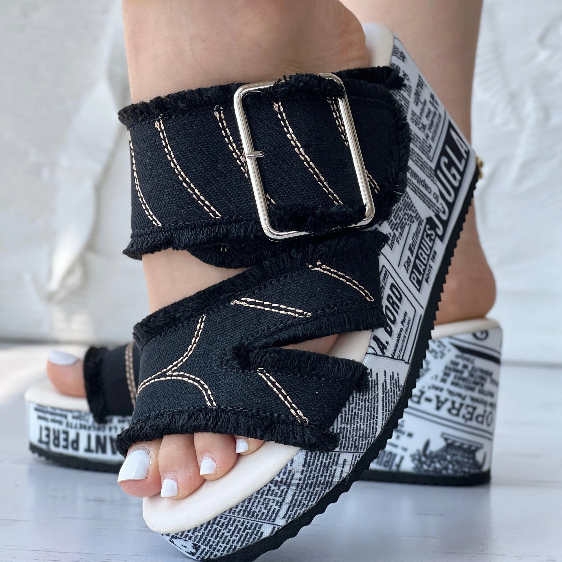 Women's Letter Print & Denim Canvas Sandals, Slip-on Buckle Wedge Heel Shoes, Fashion & Summer Women's Shoes Lady T Fashions