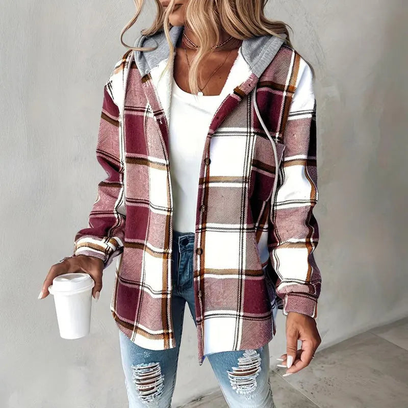 Women's Plaid Hoodie Long Sleeve Jacket Button Drawstring Casual Fall Shirts Shacket With Pocket Lady T Fashions