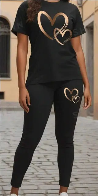 Women's Heart Printed Short Sleeve T-Shirt And Leggings Set Lady T Fashions