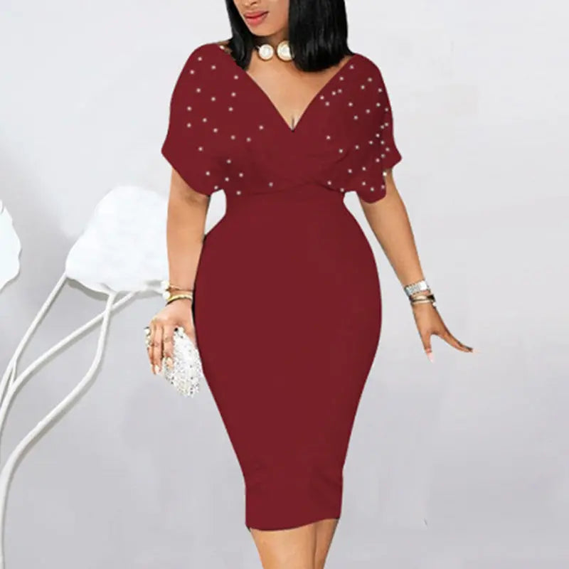 Women's Elegant Deep V Neck Wrap Bodycon Dress Back Zipper Pencil Midi Dress Lady T Fashions