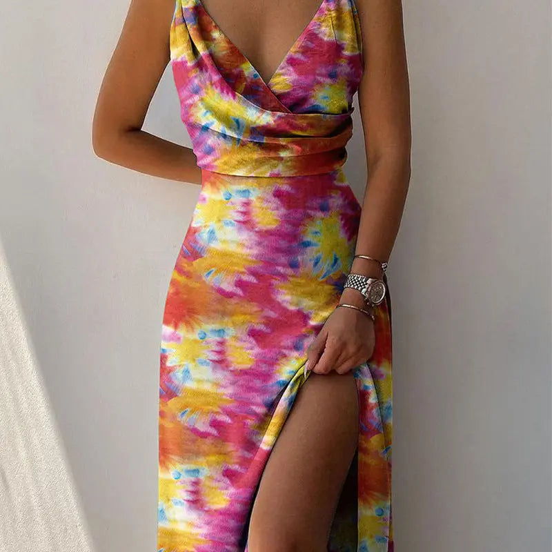 V-neck Slit Sling Dress Summer Fashion Sexy Slim Suspender Dresses For Women Clothing Lady T Fashions