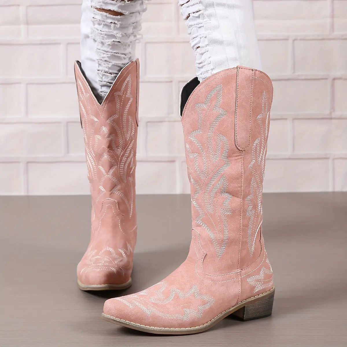 [Retro Cowgirl Boots] Retro Style Women's Western Mid Calf Boots | V-cut Embroidery Cowgirl Boots, Pointed Toe Slip On Shoes Lady T Fashions