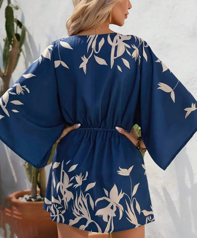 Women's Printed Batwing Sleeve Dress With Botanical Design Lady T Fashions