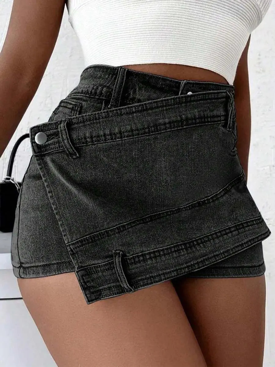 Grunge Punk Street New Vintage Stretchy Overlap Waist Wrap Asymmetric Hem A-Line Skinny Denim Skorts Halloween Clothes Jeans Lady T Fashions