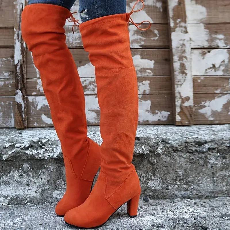 Round Toe Chunky Heel Long Boots - Women's Over Knee Slim Boots - Casual Outdoor Shoes Lady T Fashions