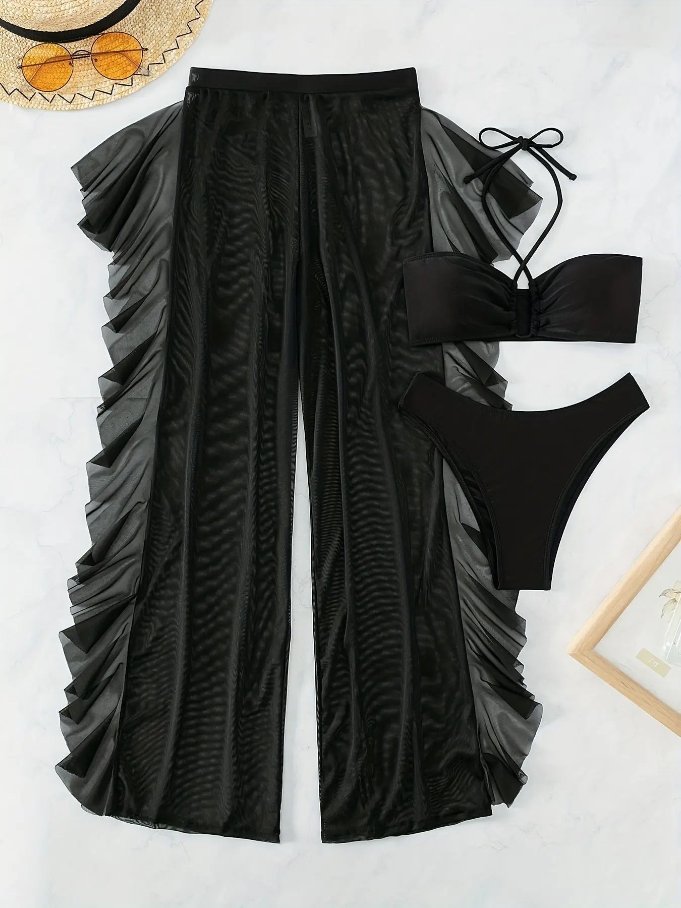 [Sexy Mesh Bikini] Three-piece Sexy Black Mesh Bikini Swimsuit Women's Pure Fashion Gathered Cross-Band Panty Lady T Fashions