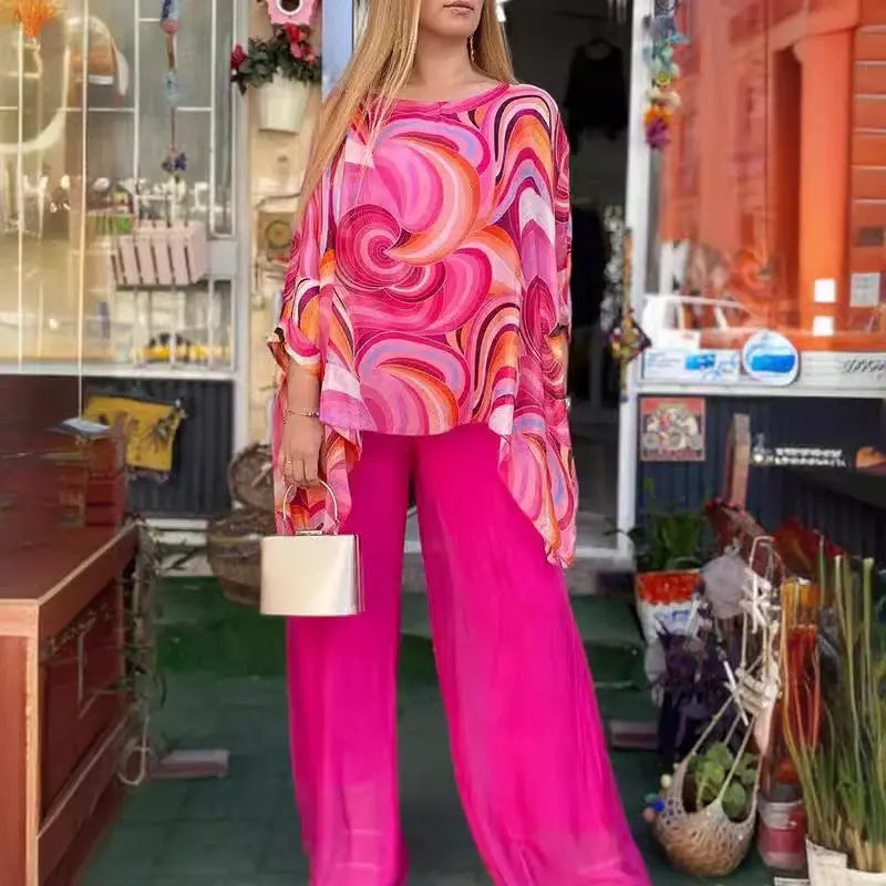 Summer New Colorful Chiffon Suit Casual Round Neck Printed Two-piece Suit Lady T Fashions