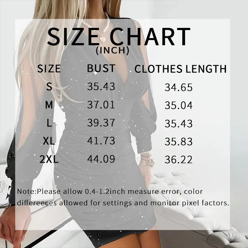 Women's Sexy Deep V-Neck Ruched Bodycon Mesh Long Sleeve Sparkling Party Cocktail Dresses Lady T Fashions