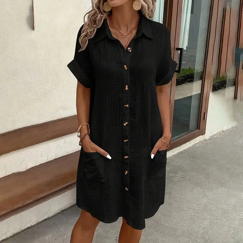 Women's Dress Summer Casual Collar Button Down Short Sleeve Tunic Shirt Dress With Pockets Lady T Fashions