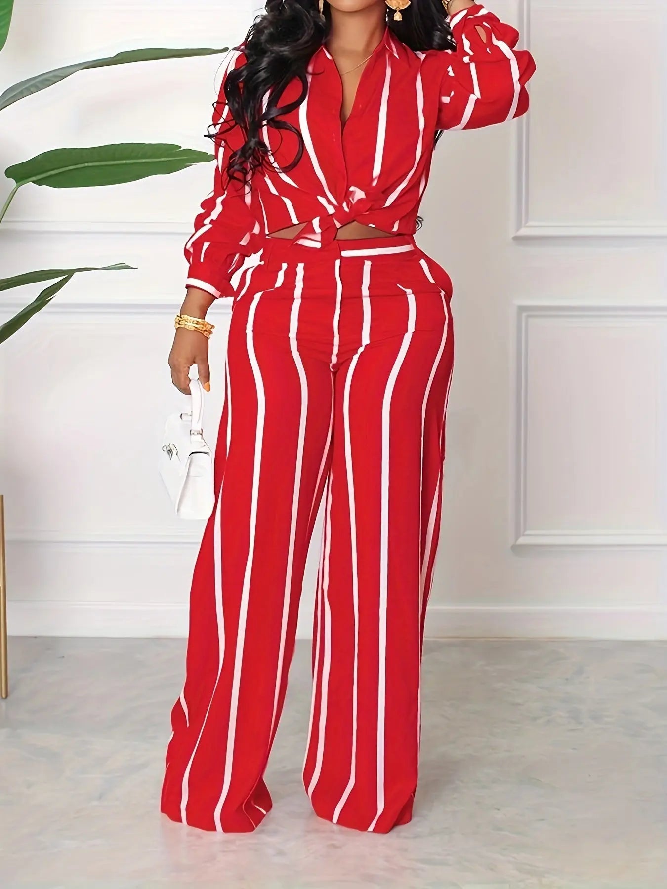 [Two-piece Set Long Sleeve Shirt] Striped Print Two-piece Set, Button Front Collar Long Sleeve Shirt & High Waist Wide Leg Loose Pants Set, Women's Clothing Lady T Fashions
