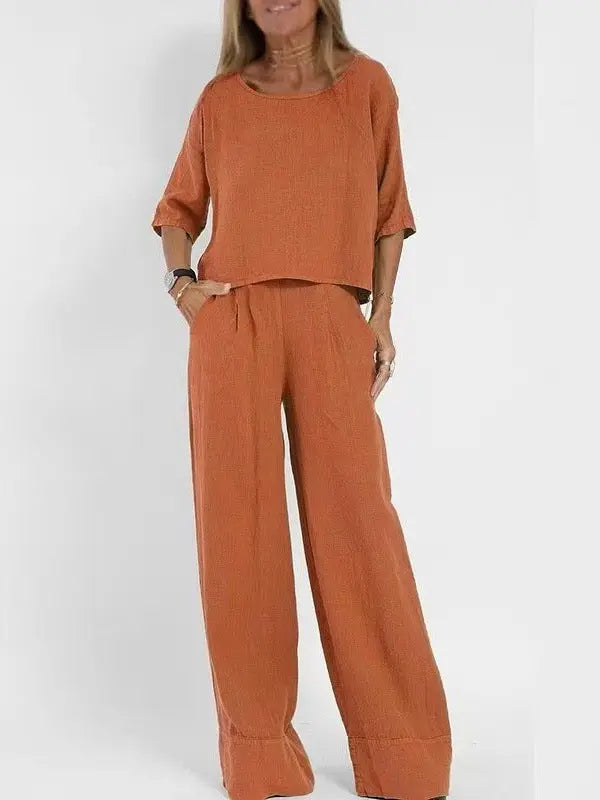 Women's Cotton And Linen Casual Cropped Sleeves Wide-leg Pants Suit Lady T Fashions
