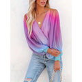 Womens V Neck Gradient Color Long Sleeve Tops 2025 Summer Casual Loose Puff Sleeve Chiffon Shirts Lady T Fashions