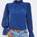 Women's Solid Color Mesh Patchwork Long Sleeved Shirt With Black Fungus Edge Collar Lady T Fashions