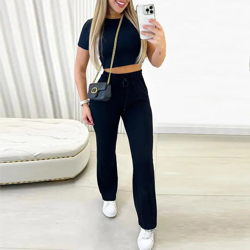 Round Neck Short Sleeve Straight Pants Sports Casual Suit Lady T Fashions
