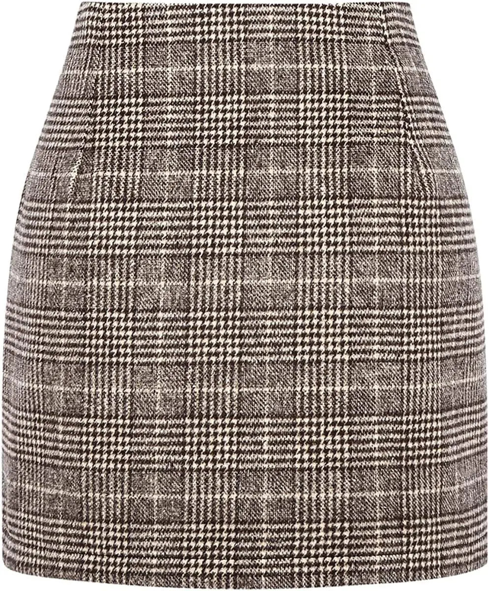 Women's High Waist Plaid Tight Pencil Wool Mini Skirt Lady T Fashions
