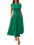 Slant Shoulder Sexy Waist Trimming Long With Pocket Dress Lady T Fashions