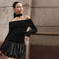 Women's Off-shoulder Long Sleeve Stitching Dress Lady T Fashions