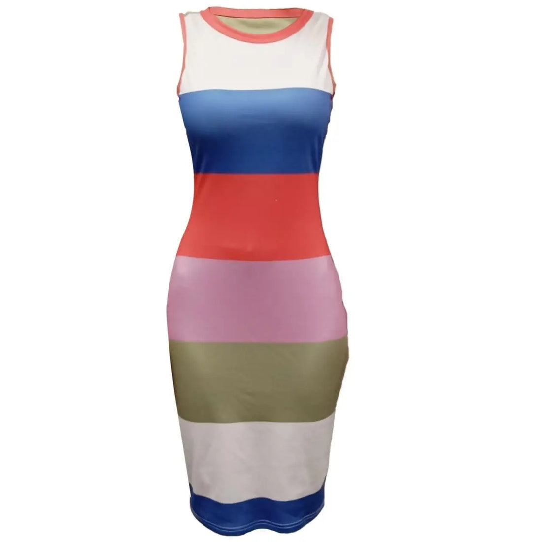 Ladies' Fashion Color Blocked Stripe Printed Sleeveless Tight Dress Lady T Fashions