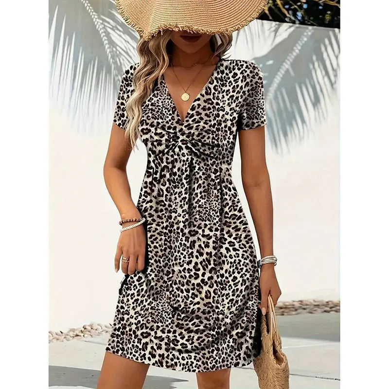 Women's Vibrant Leopard Print Twist Front V Neck Casual Summer Short Sleeve Bodycon Mini Dresses Lady T Fashions