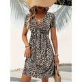 Women's Vibrant Leopard Print Twist Front V Neck Casual Summer Short Sleeve Bodycon Mini Dresses Lady T Fashions