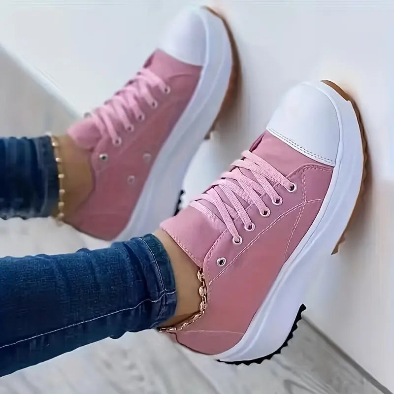 Women's Chunky Canvas Shoes, Non Slip Lace Up Casual Sneakers, Thick Sole Running Sports Shoes Lady T Fashions